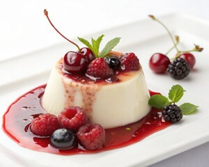 Delicious panna cotta dessert with fresh berries and cherry isolated on white background