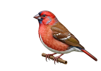 Close-up of a vibrant male house finch perched on a small twig isolated on black background