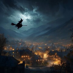 A witch flying on her broomstick above the village, in the style of dark fantasy, night sky, moonlight, village houses below, city lights in the background,