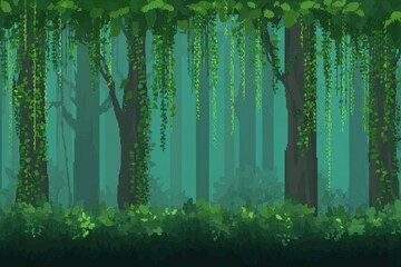 Naklejka premium Lush jungle background with dense trees and cascading vines, cre