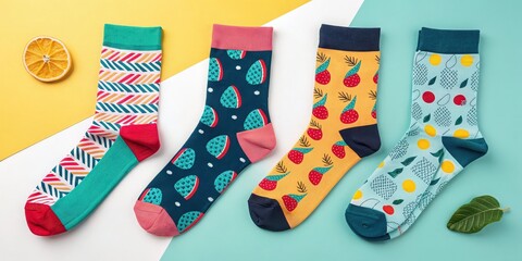 Four pairs of colorful patterned socks isolated on white background