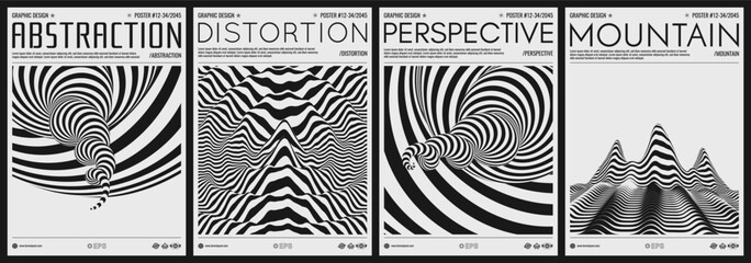 Pattern with optical illusion. Black and white design. Abstract wavy striped background. Landscape background. Mountain. Tunnel. Cover design template. Vector for brochure, poster, flyer or banner.