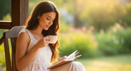 A young woman in a white dress sitting on a wooden chair in a garden, holding a cup of coffee and a notebook.