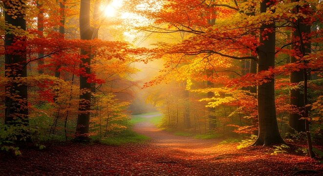 Golden autumn forest path bathed in warm, hazy sunlight
