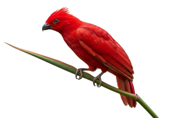 Close-up of a Vibrant Red Parrot Perched on a Green Branch with a Black Background