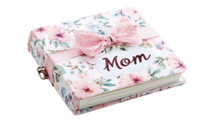 • A decorative photo album with a "Mom" inscription for Mother’s Day, isolated on white background in HD 