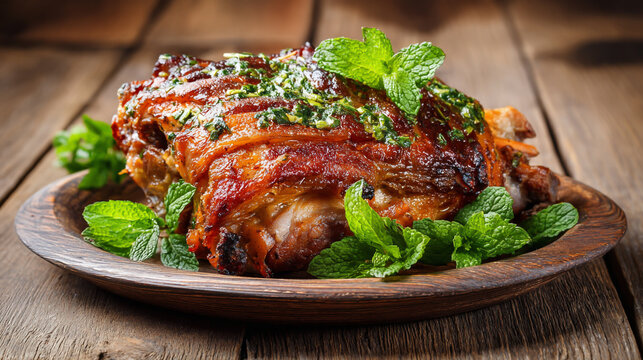 Delicious roasted pork shoulder garnished with fresh mint and herbs