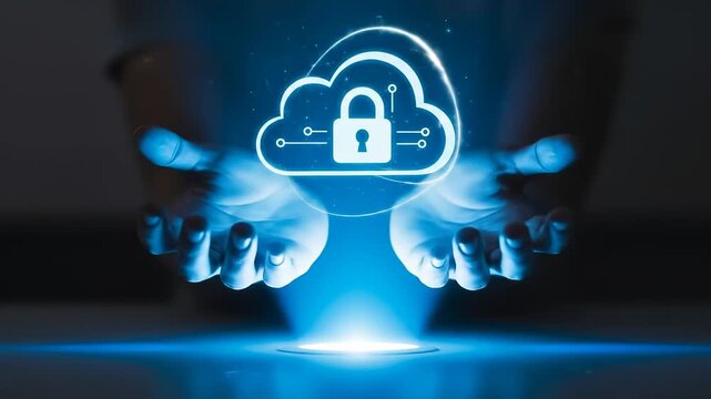 Cloud Computing Migration. Cloud computing migration with secure data protection, glowing blue technology concept, and glowing lock icon hands