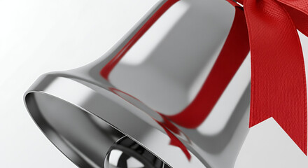 Matte Silver Christmas Bell with Red Ribbon Isolated on White