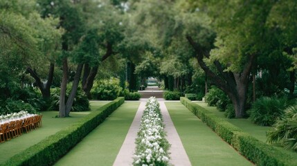 Obraz premium Lush garden pathway flanked by vibrant greenery and blooming flo
