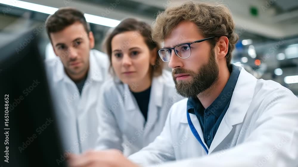 Poster team of engineers working together on cutting-edge quantum computing technology in a lab setting.