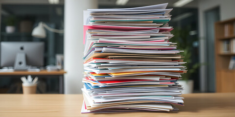 The cluttered stack of colorful documents in a modern office environment