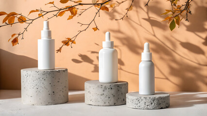 Three white cosmetic serum bottles on textured concrete pedestals with autumn leaves and shadows