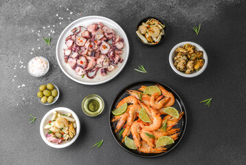 Mixed seafood salad in ceramic bowl for healthy eating or restaurant menu concept