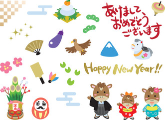 年賀状2026午年・かわいい馬のイラスト素材セット