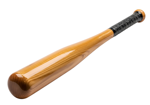 Close-up of a wooden baseball bat with black grip on a black background