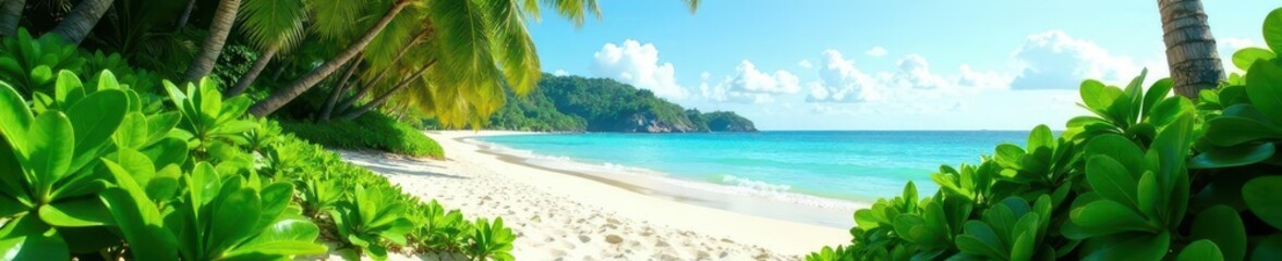 Lush vegetation borders pristine Crandon Park beach , shoreline, paradise, vacation