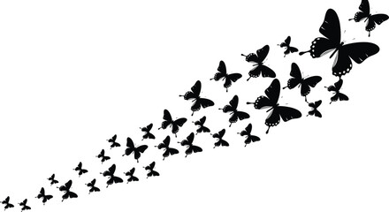 Flying black butterfly silhouettes in diagonal upward motion, isolated on white background, vector illustration for nature, transformation, growth, freedom, minimal design