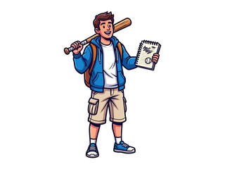 The Enthusiastic Baseball Player: An energetic young man, with a backpack, strides with a baseball bat over his shoulder and notebook, ready to play baseball.