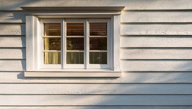 white wooden siding with rhythmic pattern and soft light highlights textured surface around classic window frame on old building exterior evoking calm and rustic atmosphere