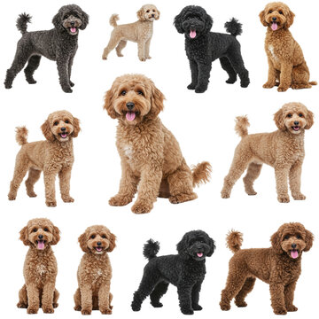 Collection of various poodle and doodle dog breeds isolated on transparent background