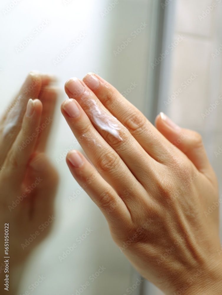 Poster hand applying cream in front of mirror to achieve smooth skin and maintain hydration during morning 