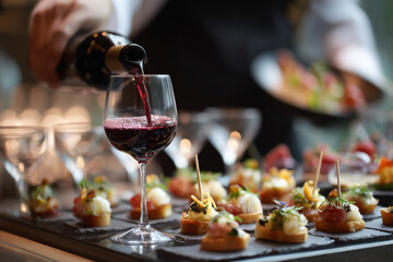 Pouring red wine into a glass at a catered event with appetizers