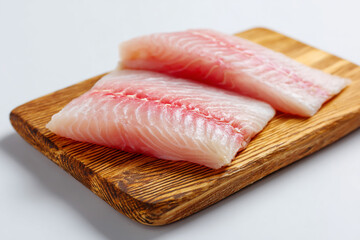 Two fresh raw fish fillets on a rustic wooden cutting board