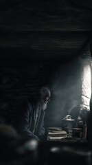 Old man sitting in a dim cave like room
