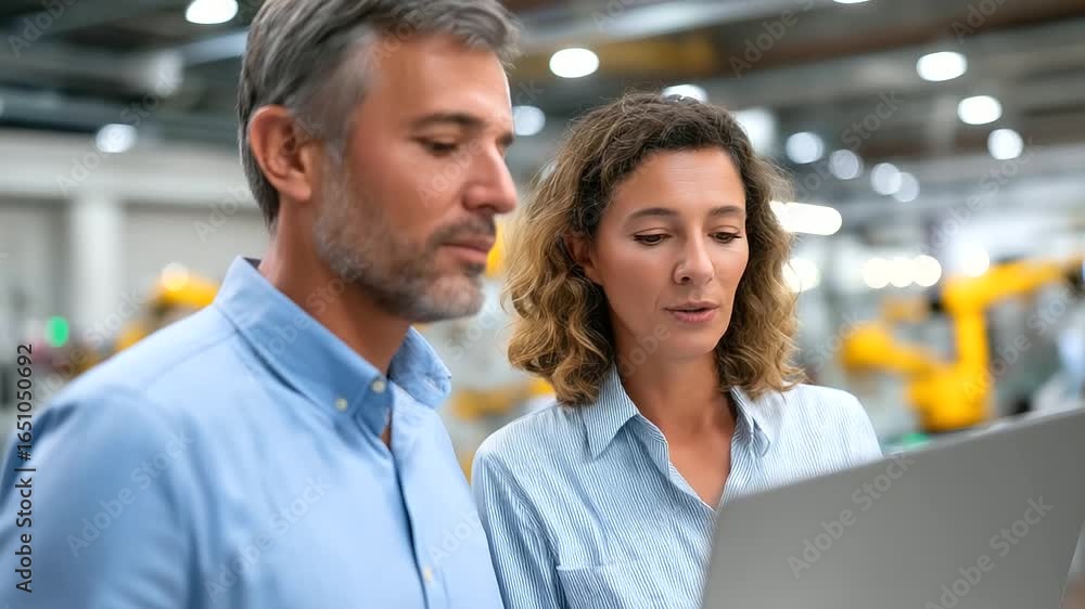 Poster engineers collaborate on ai-driven electronics manufacturing in a factory setting.