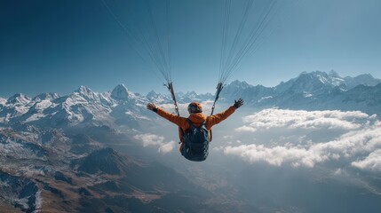 Fototapeta premium Man with arms raised paragliding over a majestic mountain range. It showcases adventure, freedom, and the thrill of extreme sports.