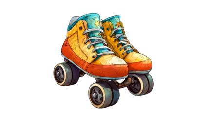 PNG a drawing of a colorful skateboard with wheels on a transparent background