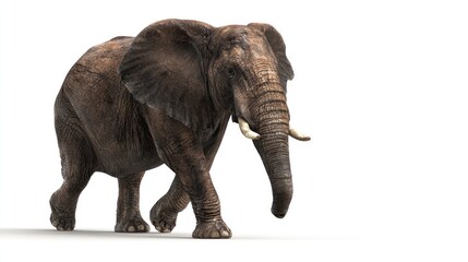Obraz premium Elephant strides left, large ears flopped, ivory tusks prominent, on a blank background