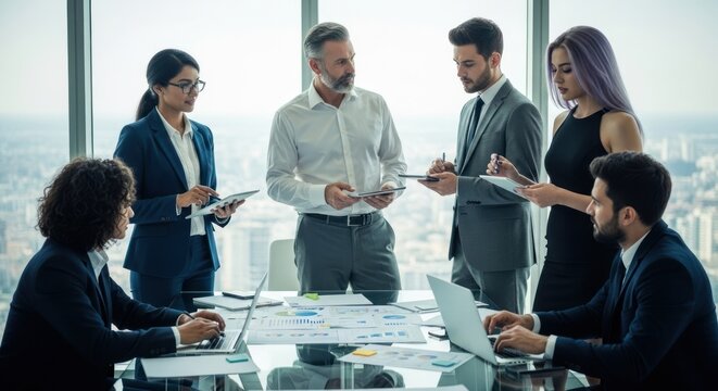 A group of business professionals discussing in a high-rise office building.
