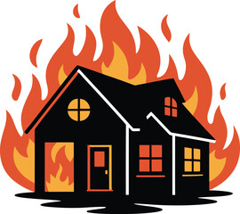 House on Fire Silhouette with Flames and Smoke Isolated on Transparent Background