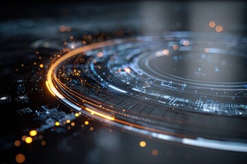 Abstract circular digital display with glowing lines and particles