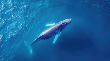 Fototapeta premium Majestic blue whale gliding through tranquil ocean depths, showc
