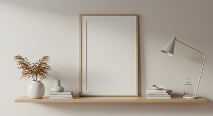 Fototapeta premium Empty picture frame on a light wooden shelf, minimalist decor with dried flowers and a lamp.