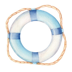 A white and blue lifebuoy highlighted on a white background. Watercolor illustration in pastel colors for decoration nursery decor rooms, kids clothes, and children's parties in a nautical style.