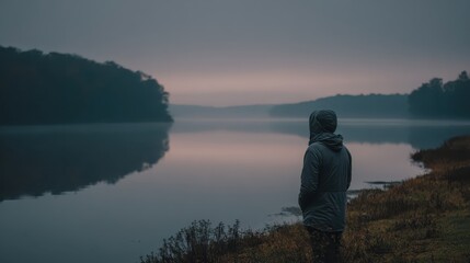 Hooded figure overlooks a misty lake at dawn, surrounded by tranquil nature. Ideal for themes of solitude, reflection, or the beauty of the outdoors.