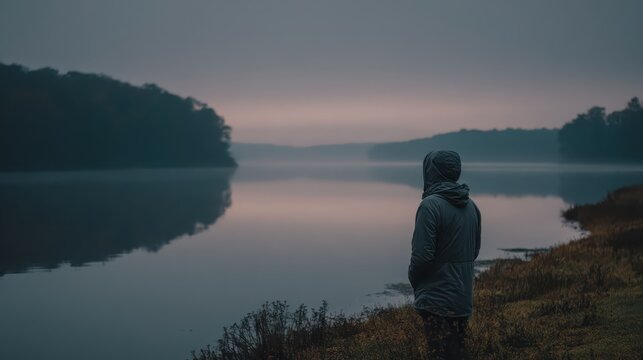 Hooded figure overlooks a misty lake at dawn, surrounded by tranquil nature. Ideal for themes of solitude, reflection, or the beauty of the outdoors.