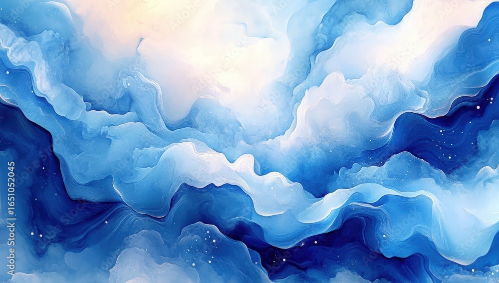 Poster abstract blue and white fluid art with smooth flowing patterns resembling clouds or waves, creating 