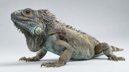 Obraz premium Detailed iguana with textured grey and blue scales poses against a white background