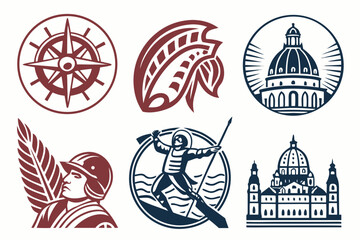 Collection of vintage nautical and exploration symbols isolated on white background