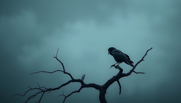 Silhouette of a Raven on a Gnarled, Misty Branch - Powered by Adobe