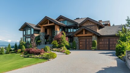 A luxurious, modern, wooden mansion with a large driveway and a well-maintained lawn, featuring a spacious front yard with a variety of plants and trees, and a clear blue sky in the background.
