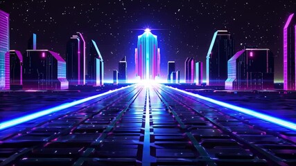 Vibrant futuristic cityscape with glowing neon lights illuminating a digital highway towards a bright distant future, symbolizing technological progress and urban evolution. - Powered by Adobe