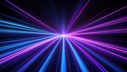 Radiant blue and purple laser beams converge at a bright central point against a dark background, creating a dynamic, futuristic light display.