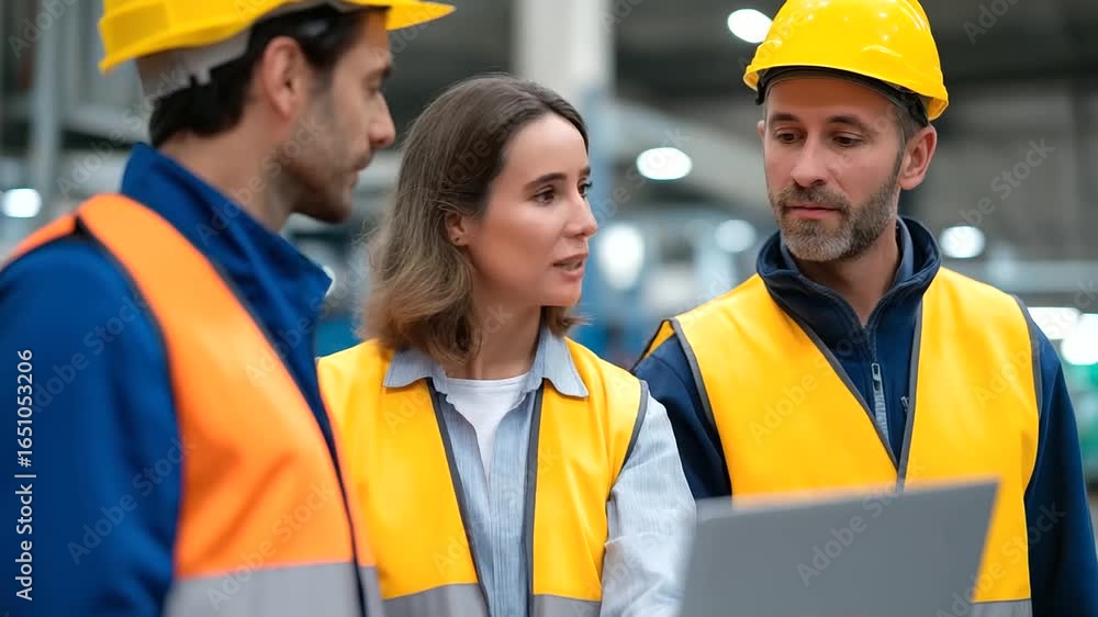 Poster a team in a cutting-edge factory collaborates on optimizing operations and ensuring safety protocols