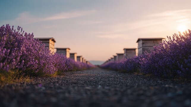 Lavender fields stretch under pastel sky, leading to wooden beeh